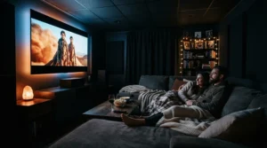 An efficient ceiling fan for basement rec room operating quietly in a cozy home theatre setup.