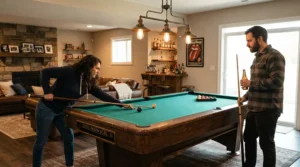 A stylish ceiling fan for basement rec room installed above a pool table with bright illumination.
