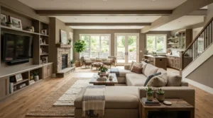 An open-concept ceiling fan for basement rec room circulating air across a spacious lounge zone.