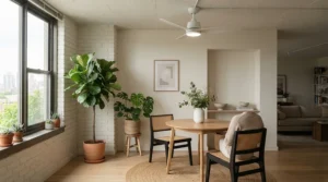 A compact ceiling fan for breakfast nook designed for small-space fixtures in an urban apartment kitchen.