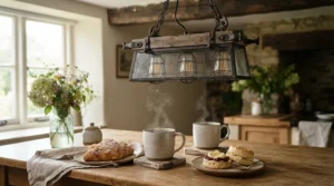 A cozy ceiling fan for breakfast nook styling highlighting warm morning light options and ceramic coffee mugs.