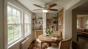 A low profile ceiling fan for breakfast nook with flush mount design in a room with a lower ceiling.