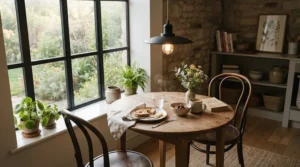 A stylish ceiling fan for breakfast nook installed above a round wooden table bathed in morning sunlight.