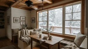 A cozy ceiling fan for breakfast nook interior shot overlooking a snowy winter morning landscape outside.