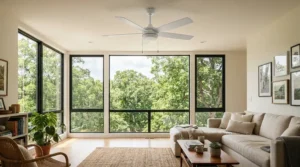 White coastal-style ceiling fan for kitchen island in a sunlit lakeside vacation property.