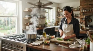 Energy-efficient ceiling fan for kitchen island providing balanced downdraft airflow while cooking.