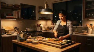 Bright ceiling fan for kitchen island with integrated LED lighting for evening food preparation.