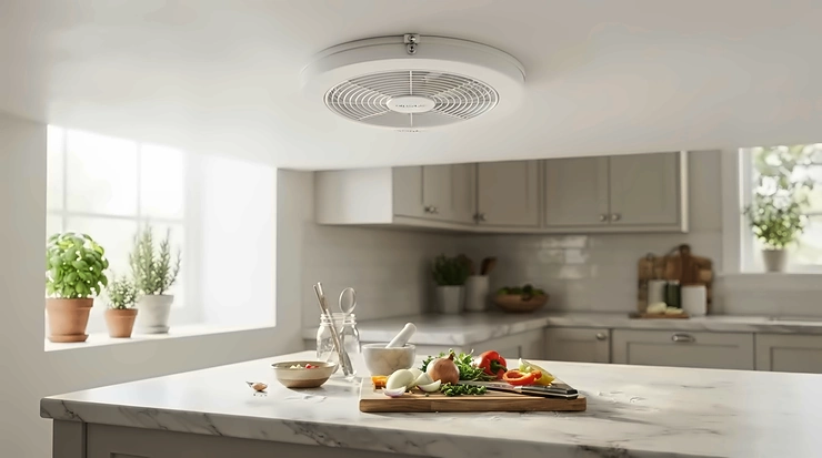 Low-profile ceiling fan for kitchen island ideal for standard height residential ceilings.