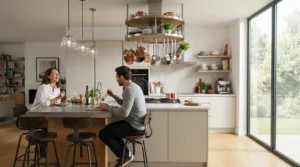 A stylish ceiling fan for kitchen island installed in a bright open-concept home interior.