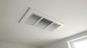 A flush-mounted damp-rated bathroom exhaust fan seamlessly integrated into a painted drywall ceiling.