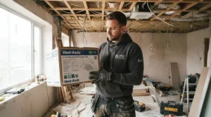 A contractor reviewing safety labels on a CSA-certified damp-rated bathroom exhaust fan box in a residential project.
