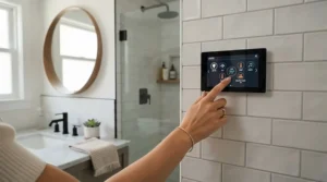 A homeowner interacting with the wall control for a smart damp-rated bathroom exhaust fan with a humidity sensor.