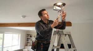 An electrician inspecting the HVI-certified airflow label on a damp-rated bathroom exhaust fan during installation.