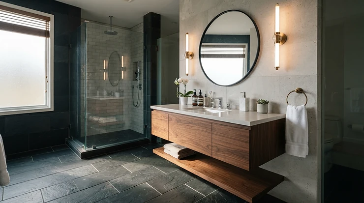 A newly installed damp-rated bathroom exhaust fan in a contemporary bathroom renovation featuring slate tiles.