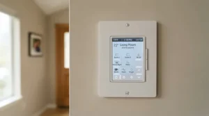 A digital timer switch wired alongside a quiet damp-rated bathroom exhaust fan in a suburban powder room.