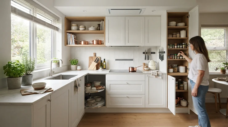 A compact flush mount ceiling fan for kitchen installed in a cozy Vancouver townhouse kitchen.
