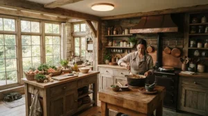 A hugger-style flush mount ceiling fan for kitchen featuring wooden blades in a rustic cabin setting.
