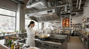 A flush mount ceiling fan for kitchen placed near a stainless steel range hood in an open-concept layout.