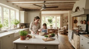 A flush mount ceiling fan for kitchen cooling a busy family home during a warm summer afternoon.