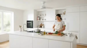 A white finish flush mount ceiling fan for kitchen complementing bright quartz countertops and white cabinetry.