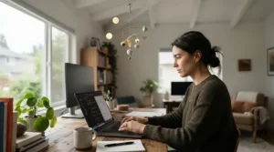 A quiet motor home office ceiling fan keeping the room cool during important virtual meetings.