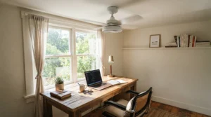 A compact home office ceiling fan providing efficient airflow in a cozy Canadian workspace.