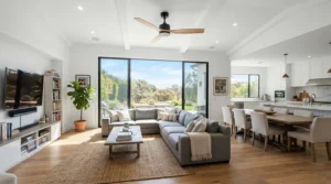 A 52-inch hugger ceiling fan for low basement ceilings providing airflow in a wide media lounge.