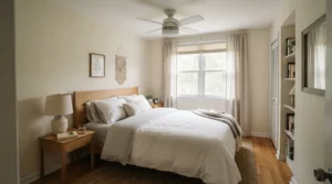 A compact 44-inch hugger ceiling fan for low basement ceilings fitted in a narrow guest bedroom.