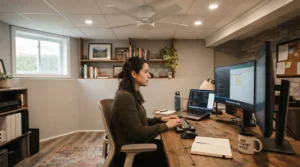 A quiet hugger ceiling fan for low basement ceilings keeping a home office cool and comfortable.