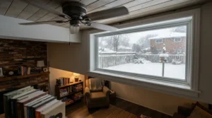 A reversible hugger ceiling fan for low basement ceilings circulating warm air during Canadian winters.