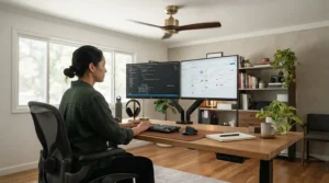 A modern ceiling fan for home office environments with dual monitor desk setups.
