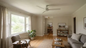 Minimalist blade design on a modern ceiling fan for home office productivity.