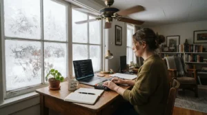 A modern ceiling fan for home office climate control during cold Canadian winters.