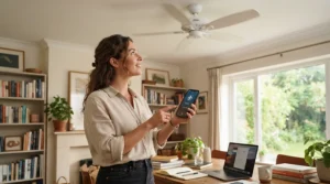 A smart modern ceiling fan for home office integration, shown in a Canadian workspace.