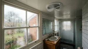 A quiet bathroom exhaust fan operating efficiently on a cold winter morning in a Canadian residence.