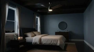 A quiet ceiling fan for basement bedroom promoting a restful night with its whisper-silent motor and sleek blades.