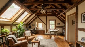 Installed quiet ceiling fan for home office mounted on a sloped attic ceiling.