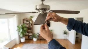 Maintenance check on a quiet ceiling fan for home office using a simple blade balancing kit.