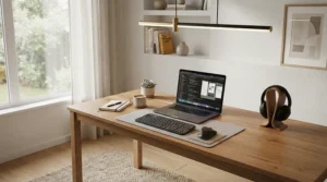 A sleek quiet ceiling fan for home office spinning softly above a tidy wooden desk and laptop.