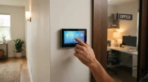 Using a wall control to adjust speed on a quiet ceiling fan for home office.