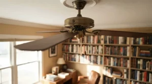 Close-up of a whisper-silent quiet ceiling fan for home office with a low decibel noise rating.
