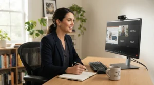 Professional on a video conference under a quiet ceiling fan for home office with no background noise.