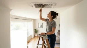 Inspecting the motor of a noisy bathroom exhaust fan to clean dust and debris.
